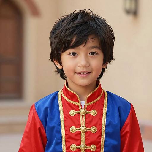 Photograph of a young Asian boy with black hair, wearing a red and blue traditional Chinese-style jacket with gold buttons.
