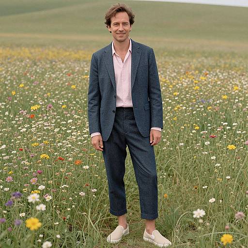 Photograph of a curly-haired man in a blue checkered suit, white shirt, and white shoes standing in a vibrant, colorful meadow.