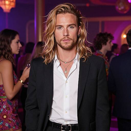 Photograph of a handsome, blonde, bearded man with shoulder-length hair, wearing a black blazer and white shirt, standing in a dimly