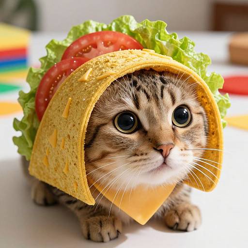 Adorable tabby kitten dressed in a taco costume, complete with lettuce, tomato, cheese, and tortilla, on a bright, colorful background.