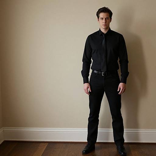 Photograph of a serious-looking young man in a black long-sleeve shirt, black pants, and black shoes, standing against a plain beige wall