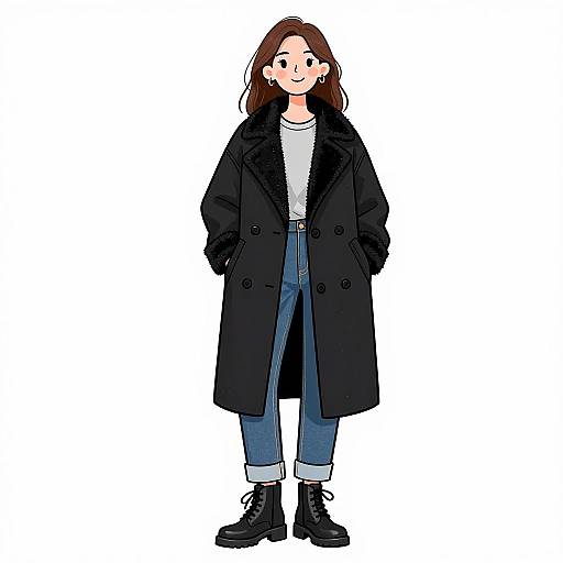 Digital illustration of a young woman with long brown hair, wearing a black coat, white t-shirt, blue jeans, and black boots, standing against a