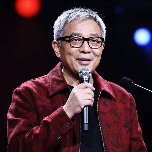 Cheerful Man Speaking into Microphone