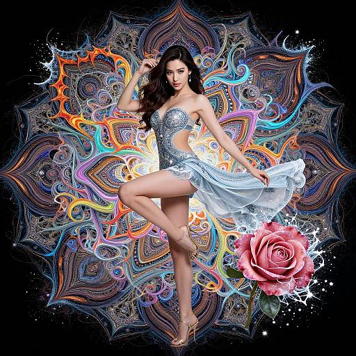 Photograph of a dark-haired woman in a sparkly silver dress, white skirt, and heels, posing with one leg raised, against a vibrant,