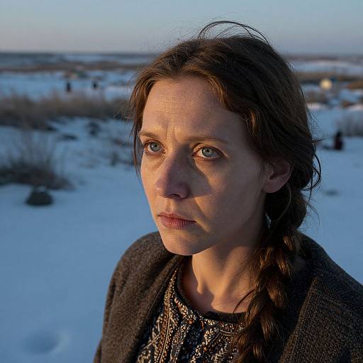 Photograph of a pale-skinned woman with blue eyes, brown braided hair, and serious expression, standing in a snow-covered field at sunset.