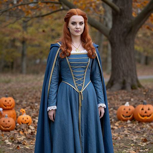 Photograph of a fair-skinned woman with red hair in a blue medieval-style dress with gold trim, standing in an autumn park with carved pumpkins