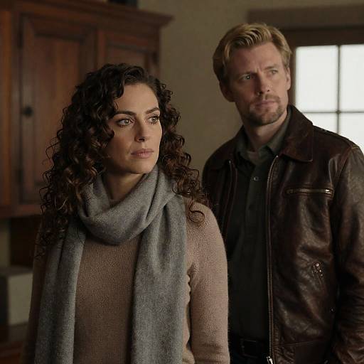 Photograph of a curly-haired woman in a gray scarf and brown sweater standing beside a bearded man in a leather jacket, both looking serious, in