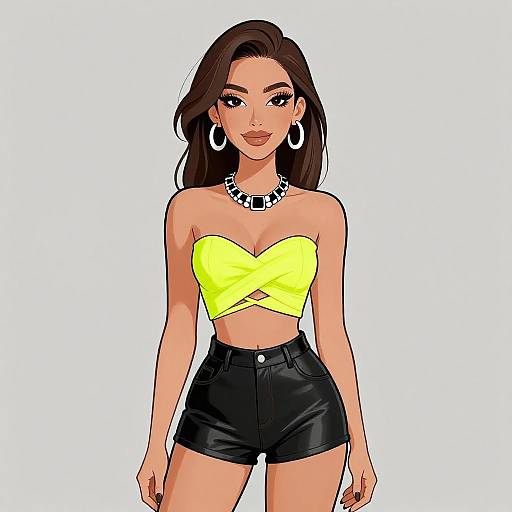 Digital illustration of a confident woman with long brown hair, wearing a yellow strapless top, black high-waisted shorts, and large hoop earrings,