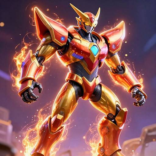 Photorealistic CGI of a glowing, golden, robotic warrior with fiery accents, blue chest emblem, and sharp armor, standing powerfully against a purple