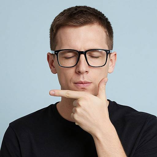 Photograph of a fair-skinned man with short brown hair, black-framed glasses, and a black t-shirt, thoughtfully touching his chin against