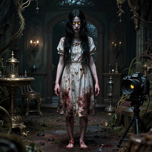 CGI horror image of a dirty, blood-stained girl with long black hair and glowing yellow eyes, standing in a dark, cluttered, go