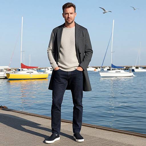 Photograph of a bearded man with short dark hair, wearing a grey sweater, black blazer, black pants, and white sneakers, standing by