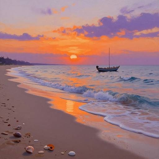Photograph of a serene beach at sunset with an orange and pink sky, small waves, a single boat on the water, and scattered rocks on the