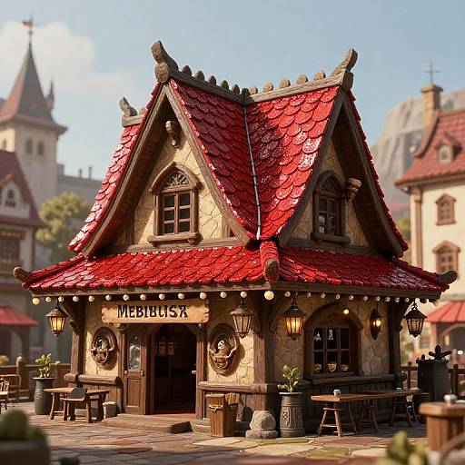 Photorealistic CGI of a quaint, red-roofed, stone building labeled 
