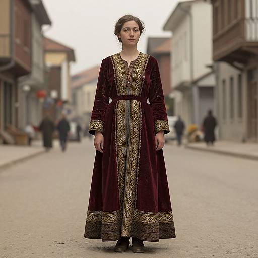 Photograph of a young woman in a medieval-style, deep burgundy velvet dress with intricate gold embroidery, standing in a blurred, cobblestone street