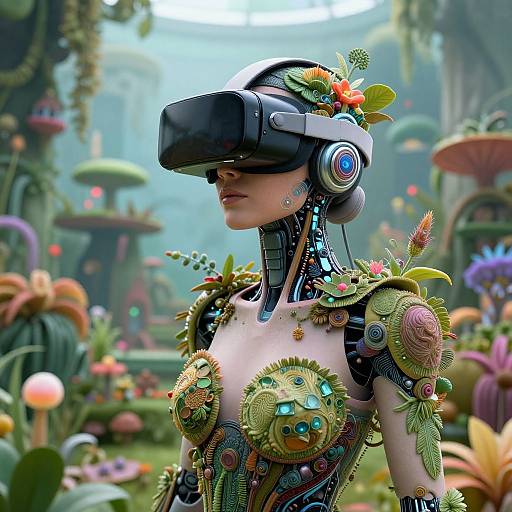 Cybernetic woman with vibrant, steampunk-inspired armor, wearing a VR headset, surrounded by a lush, futuristic flower-filled garden. Digital