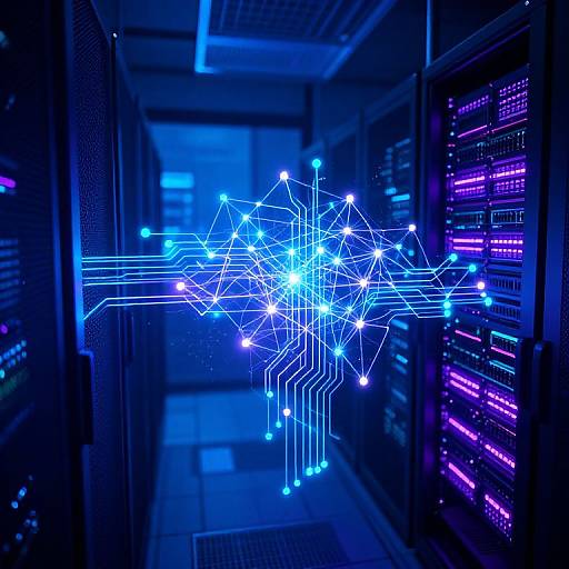 Photograph of a dark server room with blue and purple illuminated server racks, featuring a glowing, digital network diagram in the center.
