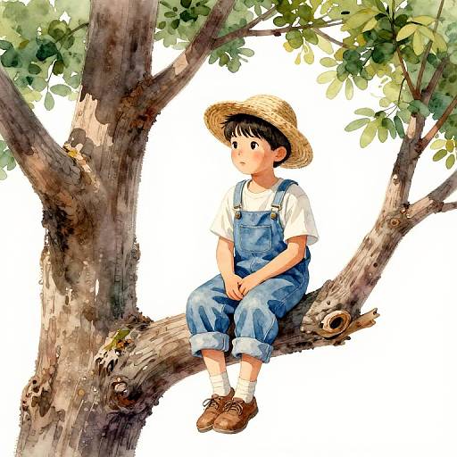 Digital illustration of a young boy with short black hair, wearing a straw hat, white shirt, blue overalls, and brown shoes, sitting on a