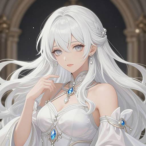 Digital anime-style drawing of a beautiful white-haired woman with blue eyes, wearing an elegant white dress with blue gemstones, in a gothic arched