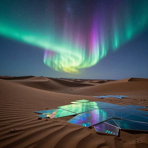Photograph of vibrant auroras over desert sand dunes, reflecting on solar panels; night sky with stars, colorful lights, and rippled sand textures