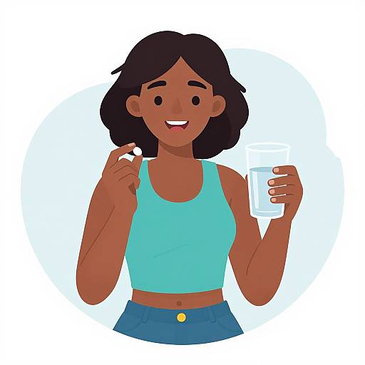 Cartoon illustration of a dark-skinned woman with black hair, wearing a light blue tank top and blue jeans, holding a glass of water and smiling
