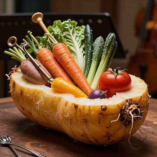 Photograph of a bowl made from a hollowed-out yellow squash, filled with vibrant carrots, radishes, leafy greens, and a red tomato