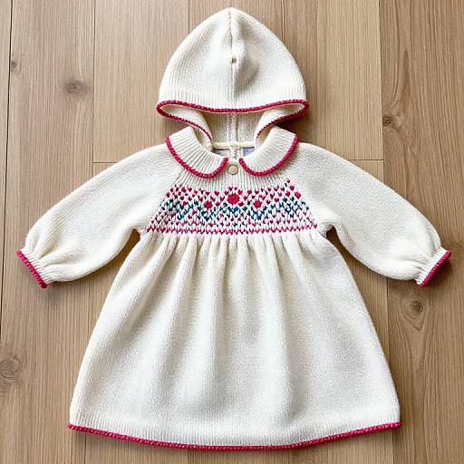 Photograph of a white, ribbed-knit, hooded dress with red trim and colorful geometric pattern on chest, laid on wooden floor.