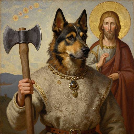 Digital artwork of a anthropomorphic German Shepherd warrior with a large axe, gold necklace, and medieval armor, standing beside a bearded Jesus with a halo