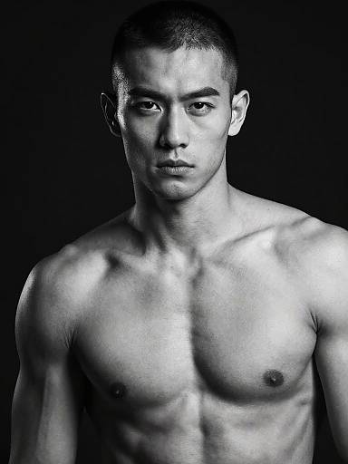 Black-and-white photograph of a muscular, shirtless young man with short hair, intense gaze, and defined abs, set against a dark background.