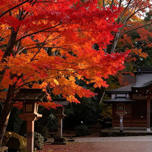 Photograph of a traditional Japanese temple surrounded by vibrant red and orange autumn leaves, with dark wooden structures and lanterns.