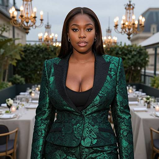 Photograph of a confident, dark-skinned woman with long black hair, wearing a low-cut, emerald green, patterned blazer, standing