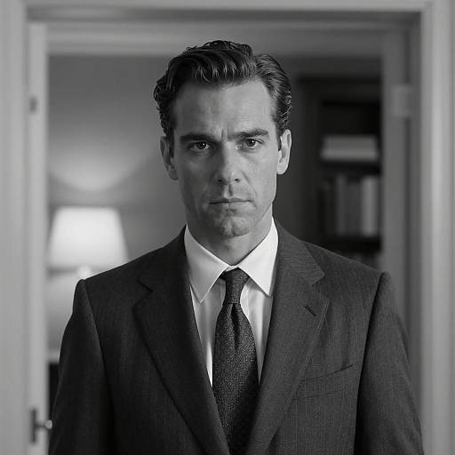 Black and White Portrait of Serious Man in Pinstripe Suit