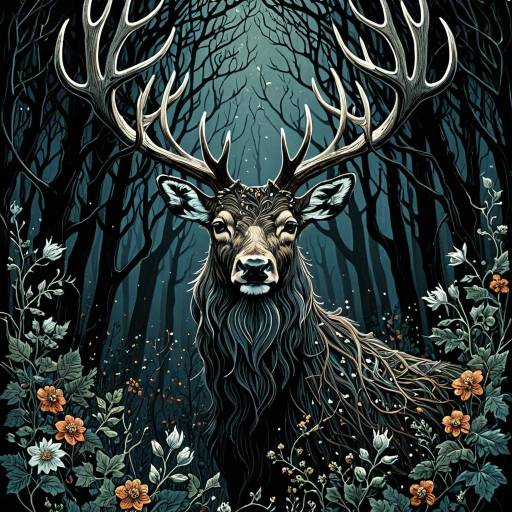 Ethereal Stag with Vine Antlers in Dark Forest Ethereal Stag with Vine Antlers in Dark Forest