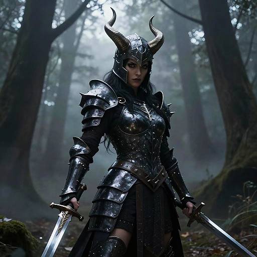 Photorealistic digital artwork of a fierce, dark-haired female warrior in black, ornate armor with horned helmet, holding dual swords in a mist