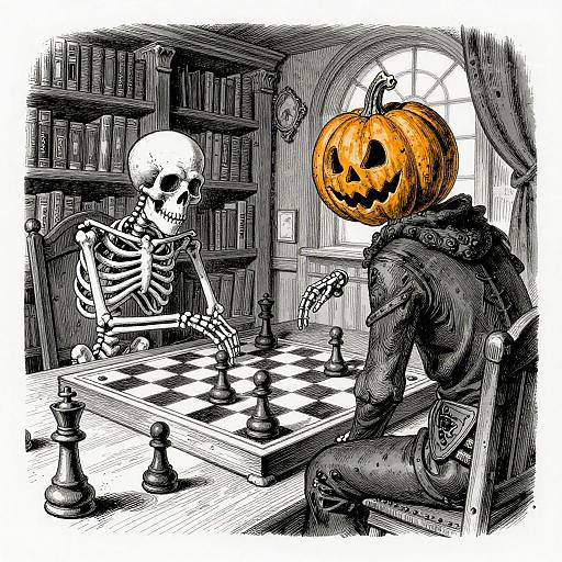 Illustration of a skeletal figure playing chess against a pumpkin-headed person in a dimly lit, book-filled room. Black-and-white with orange pumpkin.