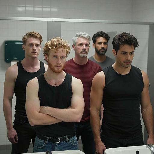 Muscular Men in Dimly Lit Bathroom