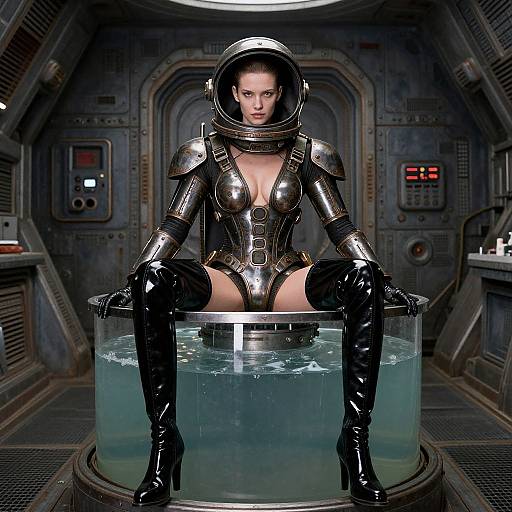 Photorealistic CGI of a fierce woman in metallic armor, helmet, and black thigh-high boots, sitting in a futuristic water tank.