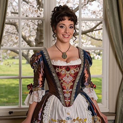 Victorian Woman in Satin Dress by Window