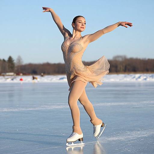 Photograph of a female ice skater in a sparkling, beige dress with a short, flowing skirt, performing an elegant pose on a frozen lake under