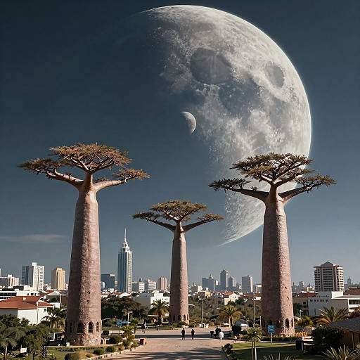 Photograph of a surreal cityscape with three tall baobab trees, a full moon, and a crescent moon in a clear blue sky,