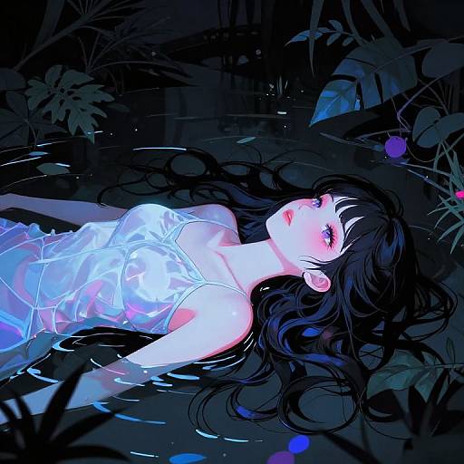 Digital anime-style illustration of a pale, black-haired woman with glowing blue eyes and translucent white dress, floating in dark, reflective water surrounded by shadowy
