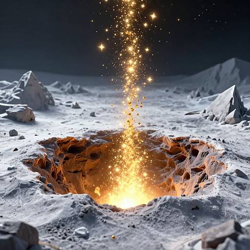 Surreal Glowing Crater with Golden Particles