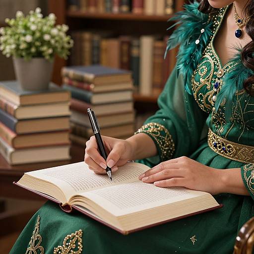 Photograph of a woman in an ornate green dress with gold and blue embroidery, writing in an open book in a library, surrounded by stacked books