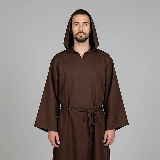 Photograph of a bearded man with light skin wearing a black hooded robe against a light blue background.