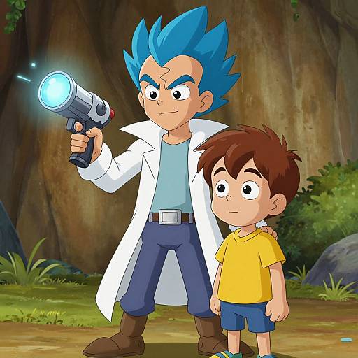 Digital cartoon of a blue-haired scientist in a white lab coat holding a glowing flashlight, standing beside a brown-haired boy in a yellow shirt. Forest background