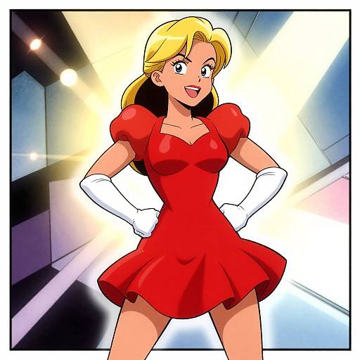 Digital anime-style drawing of a blonde woman with blue eyes, wearing a red dress, white gloves, and smiling confidently, set against a brightly lit,