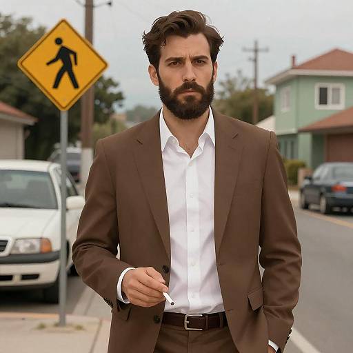 Bearded man in brown suit holding cigarette on street