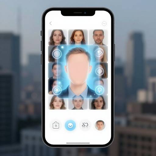 Photograph of a smartphone screen displaying a blurred face-centered interface with eight user profile photos, set against a blurred cityscape background.
