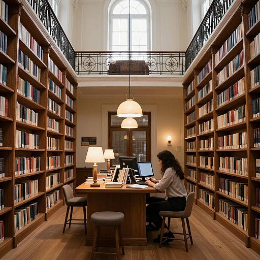 Photograph of a woman with curly hair, wearing a white blouse, sitting at a wooden desk in a library, surrounded by tall bookshelves under