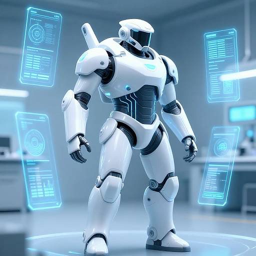 CGI image of a white, futuristic robot with glowing blue screens hovering around it in a sterile, blue-lit laboratory.